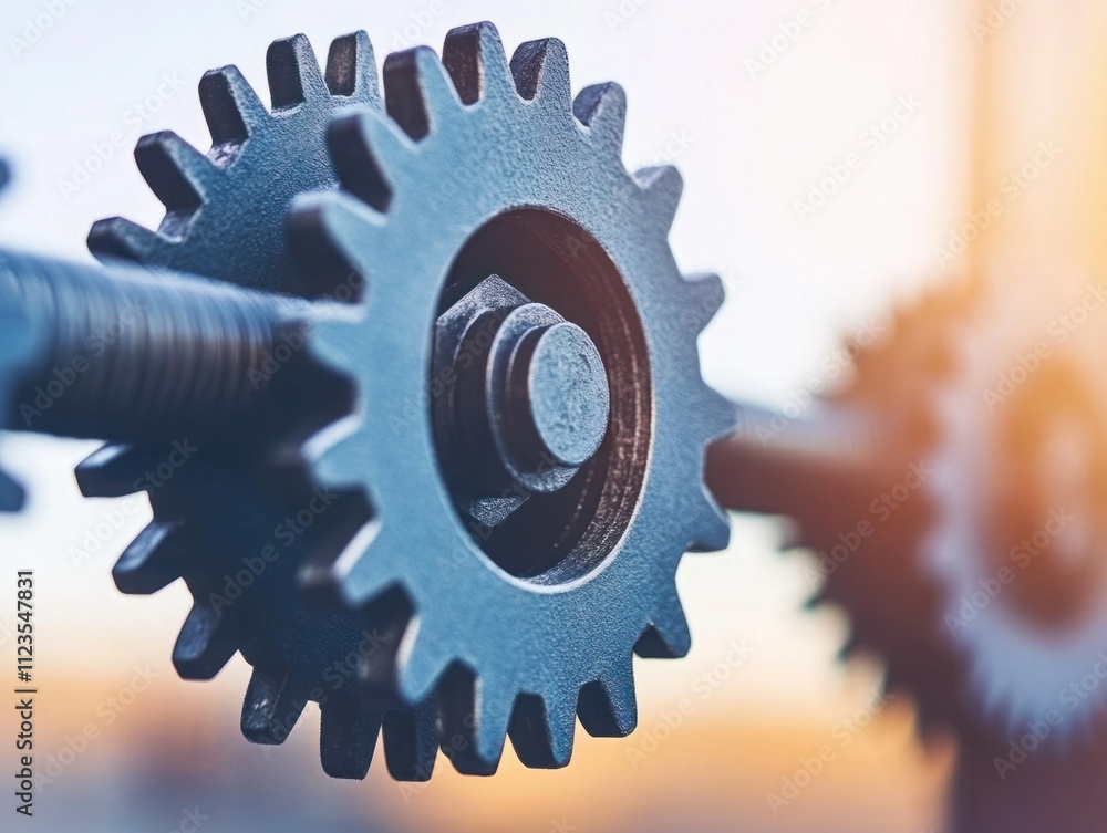 Poster close-up of metal gears interlocking against a soft orange background showcasing intricate mechanica