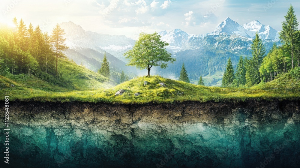 Poster a beautiful landscape with a tree in the middle of a grassy field. generative ai