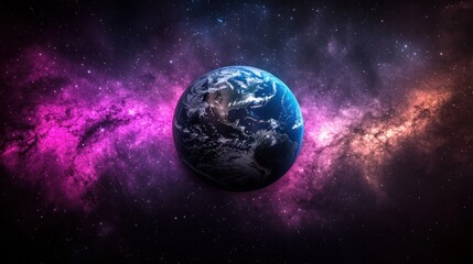 Naklejka premium Earth in the Cosmos: A Celestial Tapestry of Pink and Blue Nebulae