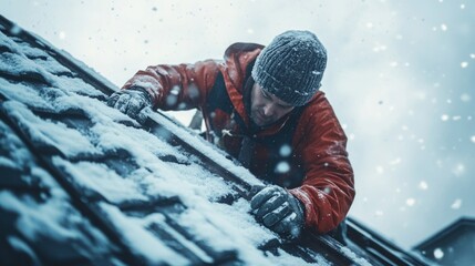 Man removing snow from a roof in a blizzard.