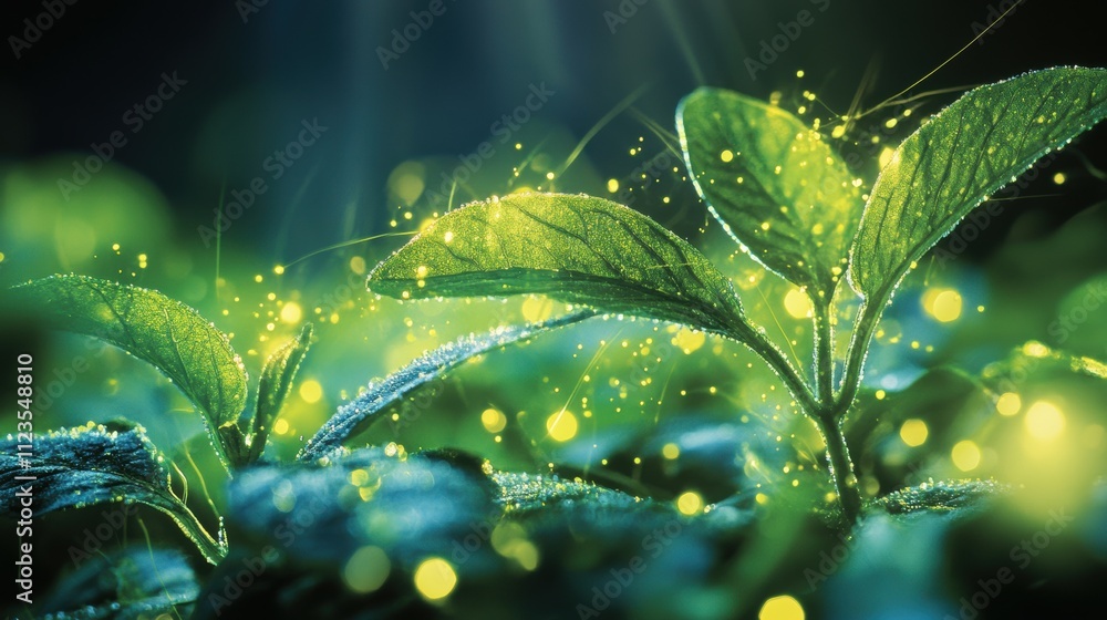 Poster a group of green plants with a sparkly effect on them. generative ai