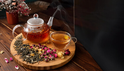 Fototapeta premium A beautifully arranged glass teapot and teacup filled with steaming herbal tea, presented alongside assorted dried flowers, creating a cozy and inviting atmosphere on a wooden table.