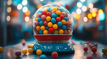 A classic gumball machine filled with colorful gumballs, with a few gumballs scattered


