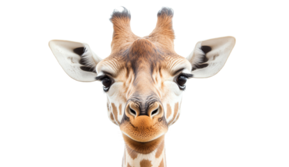 A close-up portrait of a giraffe with an expressive face, white isolate background.