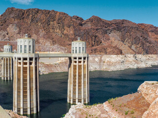 Hoover Dam Bridge and Colorado River in Desert Canyon Landscape