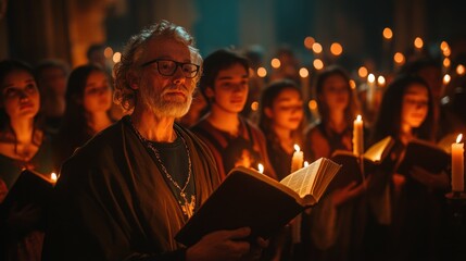 Elderly man leading a choir in candlelit church.