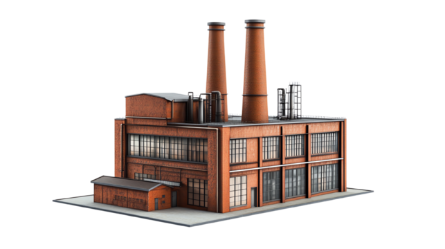 A detailed view of a modern industrial factory with smokestacks and large windows.