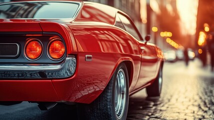 A red car is parked on a cobblestone street. Generative AI