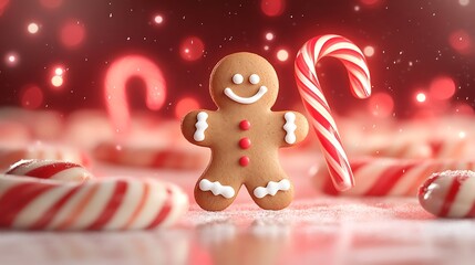 Obraz premium A charming watercolor-style illustration of gingerbread man and candy cane cookies, enhanced by red neon flowing light, creating a magical holiday atmosphere perfect for festive products