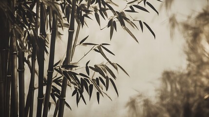 Obraz premium Swaying Bamboo Trees in Traditional Oriental Landscape Painting