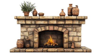 A rustic stone fireplace adorned with pots and greenery, radiating warmth and comfort.