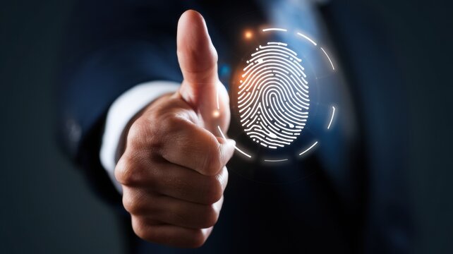 A picture of the hand showing the thumb. It looks like the thumb is in the process of biometric fingerprint scanning. There is a luminous digital fingerprint with a holographic effect on the thumb.