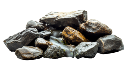 A serene cascade of water flowing over smooth, rounded rocks in a peaceful setting.