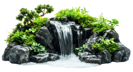 A serene miniature landscape featuring a waterfall and lush greenery for tranquility.