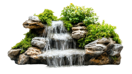 A serene waterfall cascading over rocks, surrounded by vibrant greenery and plants.