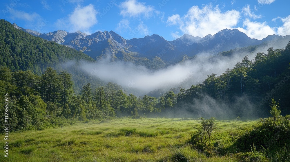 Poster a misty mountain range is visible in the distance. generative ai