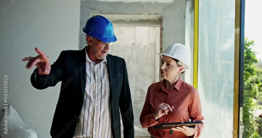 Poster architect, people and walking with tablet at construction site for inspection, planning schedule and