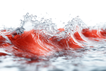 Dynamic ocean waves splashing with vibrant red hues against a transparent background, symbolizing energy and movement in nature.