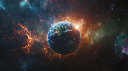 Fototapeta premium A glowing Earth seen from space, surrounded by colorful cosmic dust and distant galaxies.