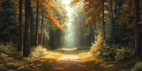 Obraz premium Sunlit Path Through an Autumnal Forest