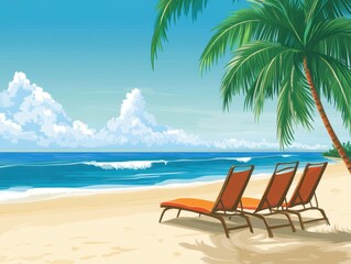 Obraz premium Three Lounge Chairs on a Sandy Beach Under a Palm Tree