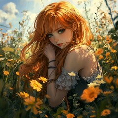 Redhead Girl in a Field of Yellow Flowers