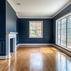 Empty Room with Dark Blue Walls and Hardwood Floor