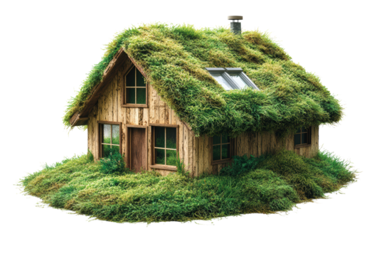 Eco-friendly wooden house with a green grass roof and surrounding vegetation, showcasing sustainable living and nature-friendly architecture.