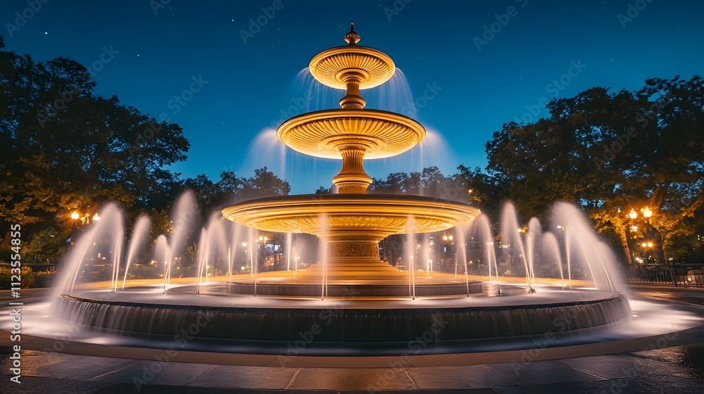 Poster majestic illuminated fountain in a park setting at dusk, showcasing water jets and tranquil atmosphe