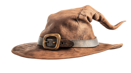 A vintage brown wizard hat with a curled tip and a brass buckle, perfect for fantasy themes.