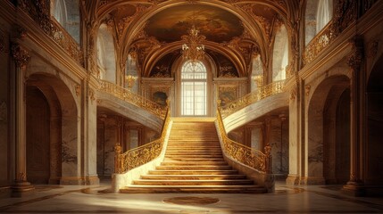 Fototapeta premium Grandiose marble staircase in a luxurious palace interior with golden accents and arched windows.