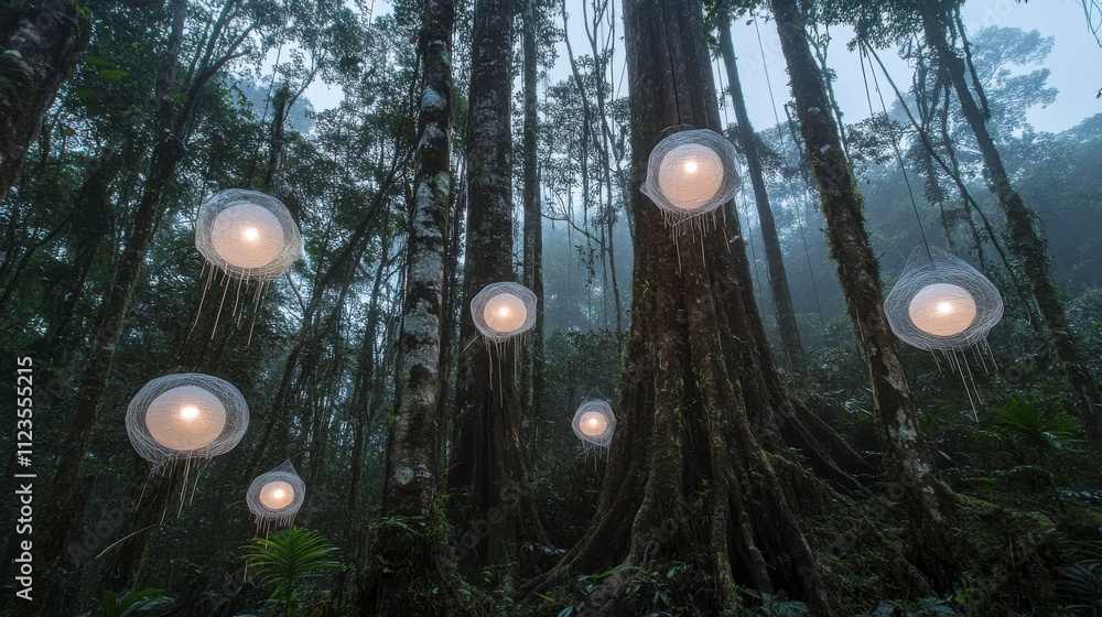 Poster a mystical scene of luminescent orbs hovering around ancient tree trunks underneath a faint moonligh