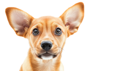 Adorable puppy with large ears and expressive eyes looking curiously at the camera.