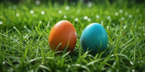 Fototapeta premium Colorful egg on green grass with multiple water drops , water drops, green grass, droplets of water