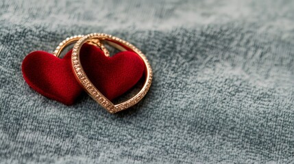Fototapeta premium romantic jewelry design, artistic valentines day concept featuring intertwined gold and red heart-shaped rings on velvet, symbolizing eternal love