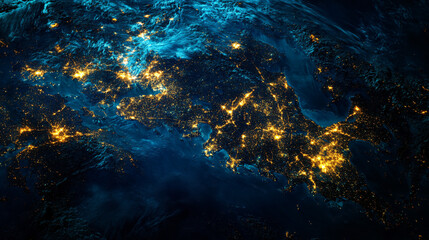 Fototapeta premium A glowing view of Earth at night from space, showing the lights of cities scattered across continents.