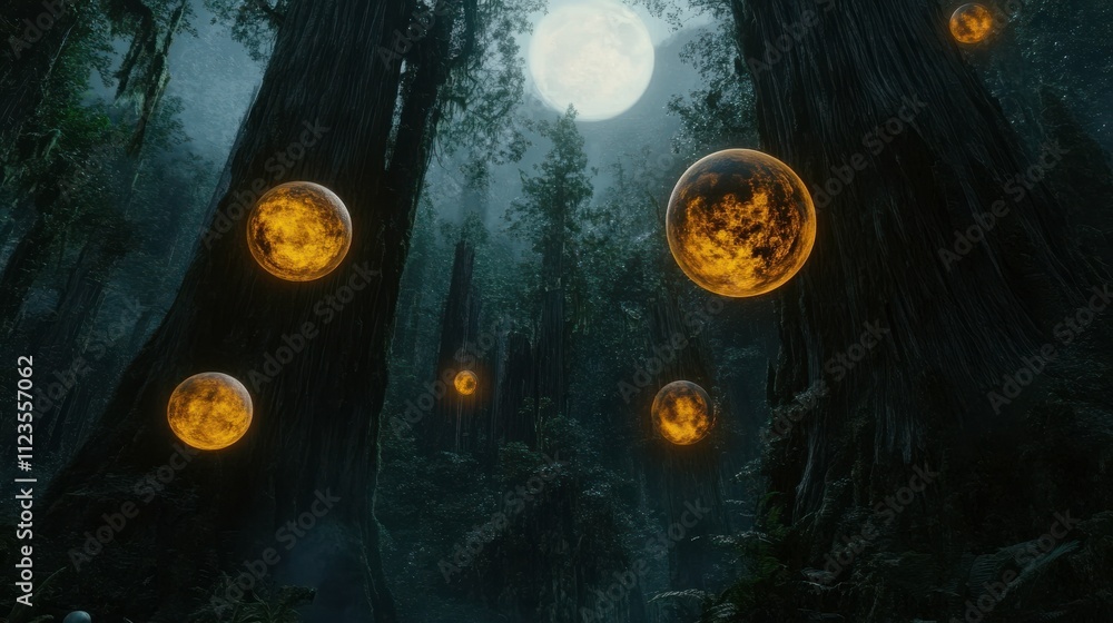 Poster enchanted forest scene with luminescent orbs hovering around ancient tree trunks under a faint moonl