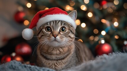 Obraz premium A festive cat wearing a Santa hat in a holiday setting.