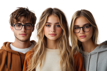 Group of three young adults with diverse styles, wearing glasses, showcasing modern fashion trends against a white background.