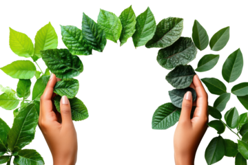 Hands holding various green leaves, arranged in an arch. Ideal for themes of nature, sustainability, and environmental awareness.