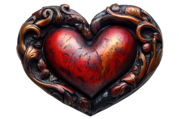 Intricate carved heart sculpture with ornate details, showcasing a blend of natural motifs and a rich, red finish.