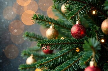 Obraz premium Merry Christmas! The Christmas tree is decorated with New Year's balls in the color of the year 