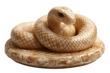 Fototapeta premium Intricately carved snake sculpture made of ivory, coiled elegantly on a circular base adorned with detailed engravings.