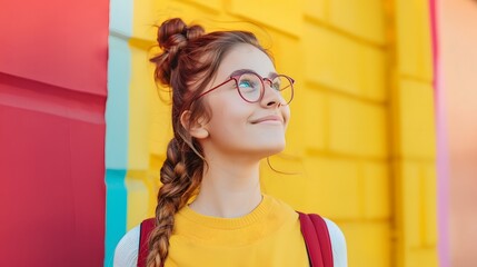 Fototapeta premium Young woman with bright glasses and a playful hairstyle standing against a colorful wall, smiling joyfully and embracing vibrant urban life and youth culture.