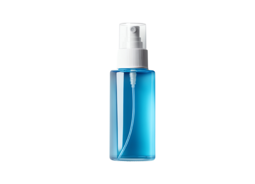 Refreshing blue spray bottle filled with a liquid for hydration and rejuvenation.