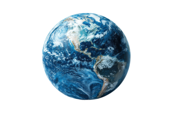Planet Earth depicted in vibrant blue and green colors, showcasing continents and oceans, isolated on a white background.