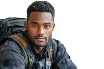 Portrait of a confident young man with a backpack, wearing a black jacket. Ideal for travel and adventure themes on a white isolated background.