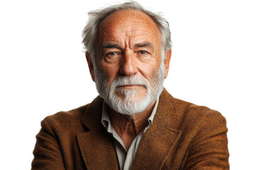 Obraz premium Portrait of a mature man with a distinguished beard, wearing a brown jacket. The image captures wisdom and experience against a white isolated background.