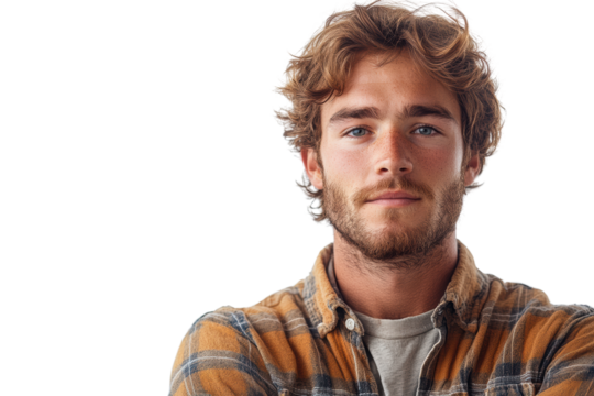 Portrait of a confident young man with a beard, wearing a plaid shirt, against a white isolated background, showcasing a relaxed demeanor.