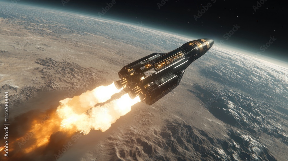 Poster Spaceship launching into space from Earth's orbit, with fiery engines and planet in background.